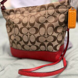 Coach Signature Red Leather Trim Crossbody | Tan & Red Canvas Bag | Adjustable